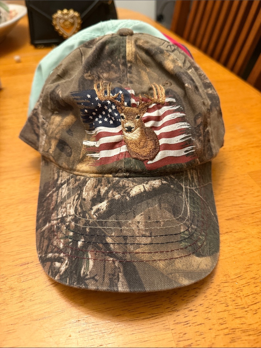 Kids Camo Baseball Cap with Deer & American Flag - Brown
